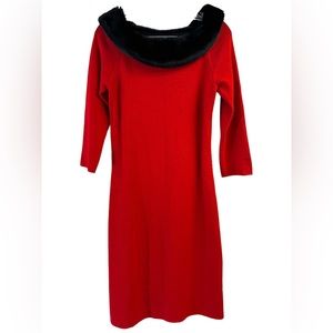 Vintage Wool Blend Dress with Fur (Faux?) Cowl Neck 50s 60s Style Medium Red